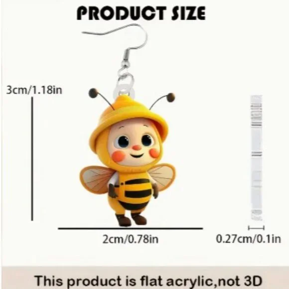 2D Flat Cute Bee Earrings High-Quality Acrylic Stainless Steel Hooks Lightweight - Picture 3 of 4